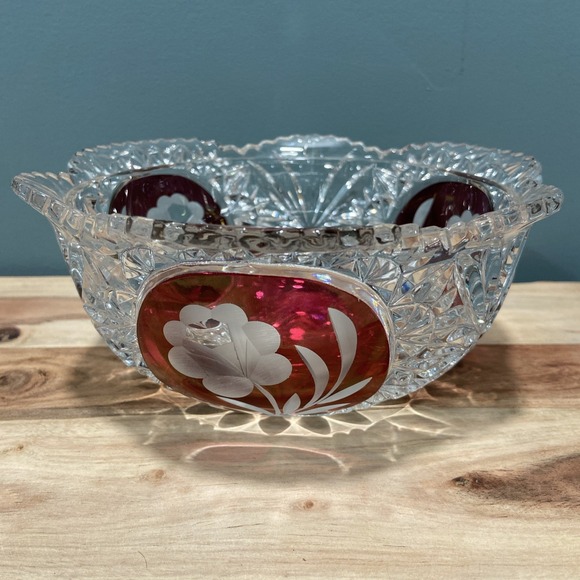 Vintage Hofbauer Glass Crystal Ruby Red Rose Clear Cut...